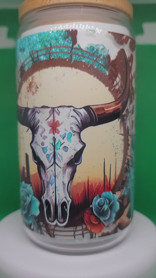 Leopard Bull Skull 16oz Glass Cup