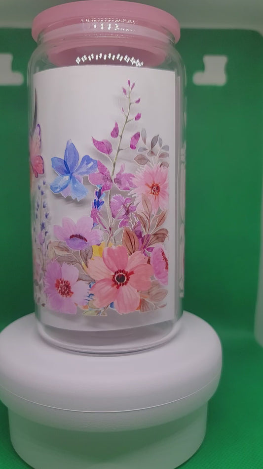 Floral Cow 16oz Glass Can