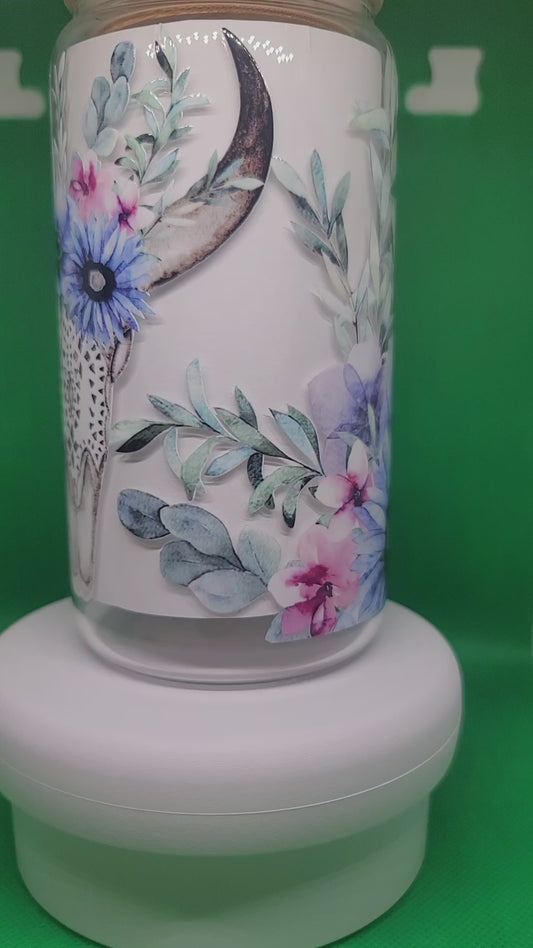 Floral Skull 16oz Glass Can